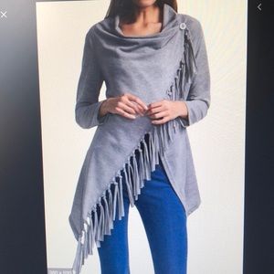 Long Sleeve Asymmetric Hen Grey Tassel T Shirt